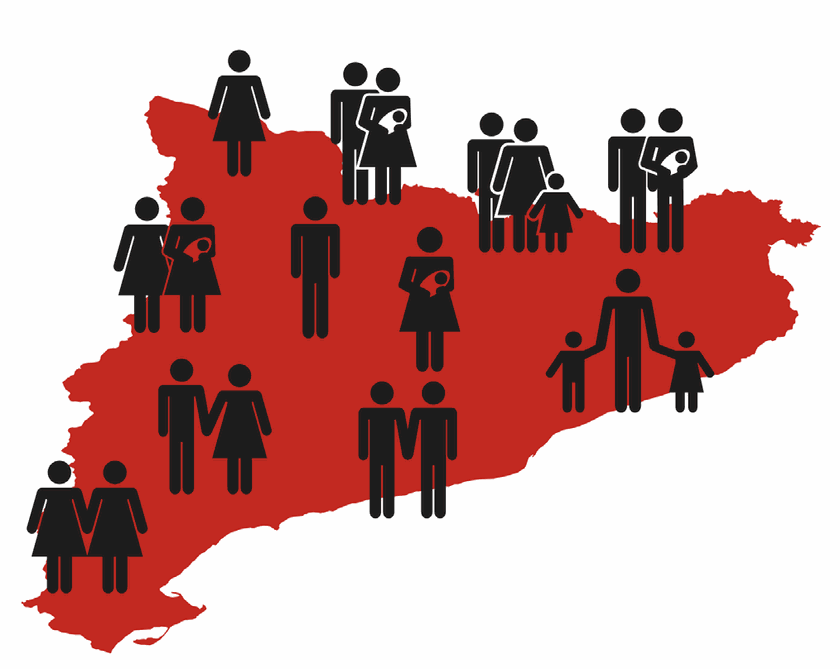 Mapa de Catalunya amb pictogrames de persones i famílies.