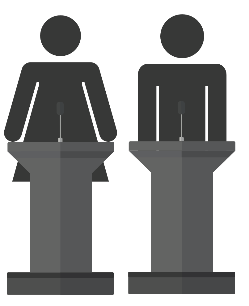 Pictogrames de dues persones parlant des d'un faristol.